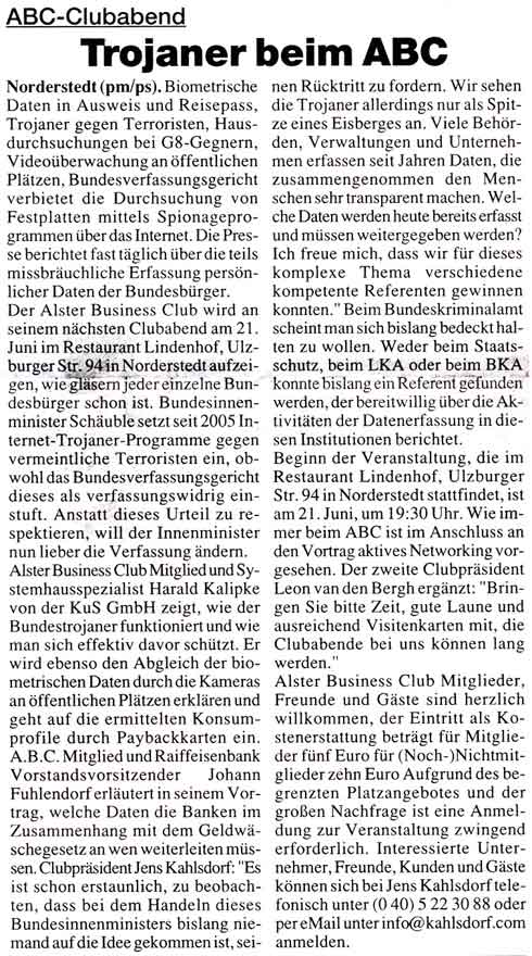 Zeitungsmeldung Sonntags Anzeiger: Trojaner beim Alster Business Club